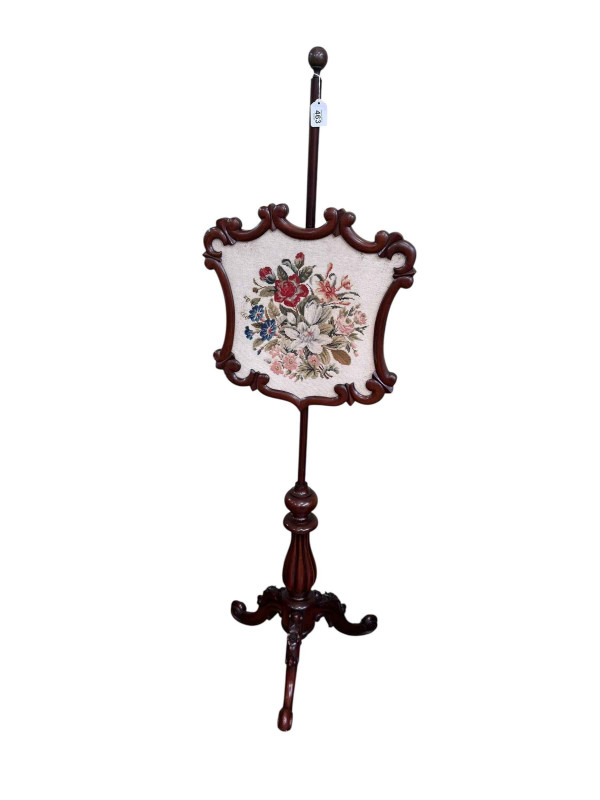 Victorian mahogany floral needlework panel pole screen, 153cm.