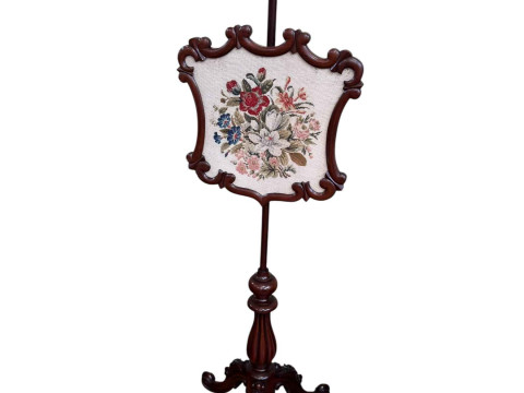 Victorian mahogany floral needlework panel pole screen, 153cm.