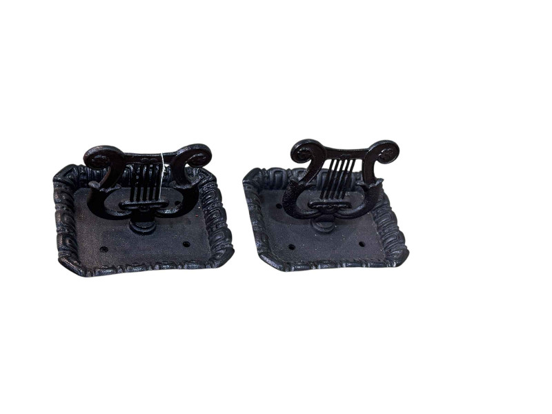 Pair cast iron lyre boot scrapers.