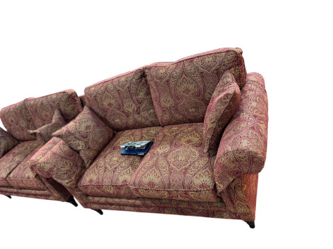 Pair Parker Knoll Burghley two seater settees with armcaps in Henrietta Ruby fabric, purchased from Barkers of Northallerton in excess of £3000 in 2023. thumbnail