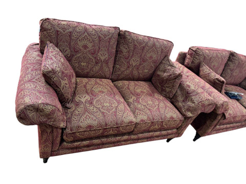 Pair Parker Knoll Burghley two seater settees with armcaps in Henrietta Ruby fabric, purchased from Barkers of Northallerton in excess of £3000 in 2023. thumbnail