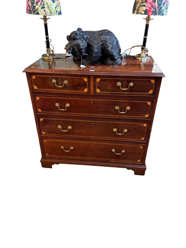 Victorian inlaid mahogany chest of two short above three long graduated drawers on bracket feet, 92cm by 95cm by 52.5cm.