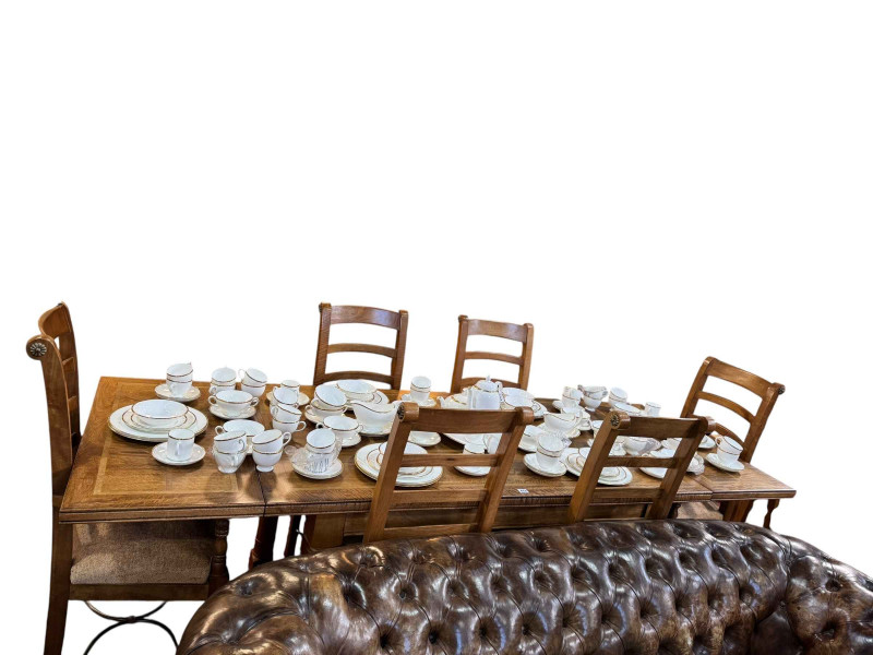Barker & Stonehouse Flagstone rectangular dining table with two extension leaves, 79cm by 248cm by 90cm (including leaves), together with a set of six ladder back dining chairs including pair carvers.