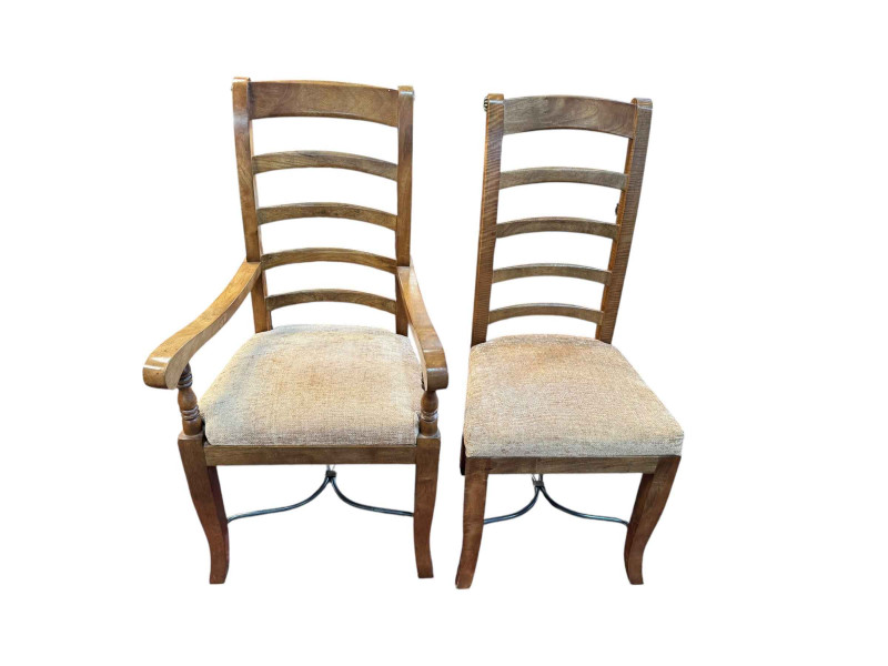 Barker & Stonehouse Flagstone rectangular dining table with two extension leaves, 79cm by 248cm by 90cm (including leaves), together with a set of six ladder back dining chairs including pair carvers.