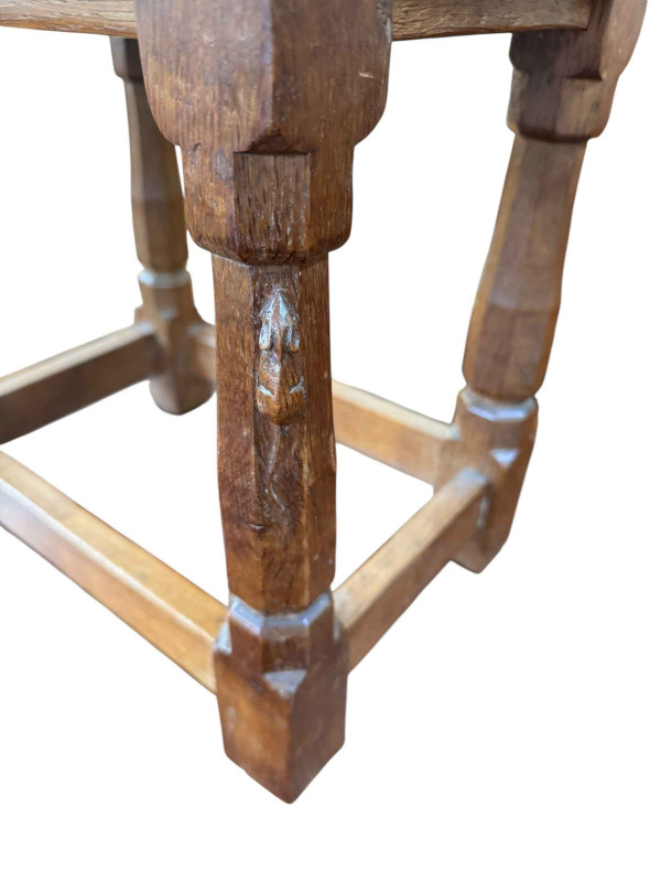 Robert Thompson 'Mouseman' Pollard oak dish topped stool, 38cm by 40.5cm by 28cm.
