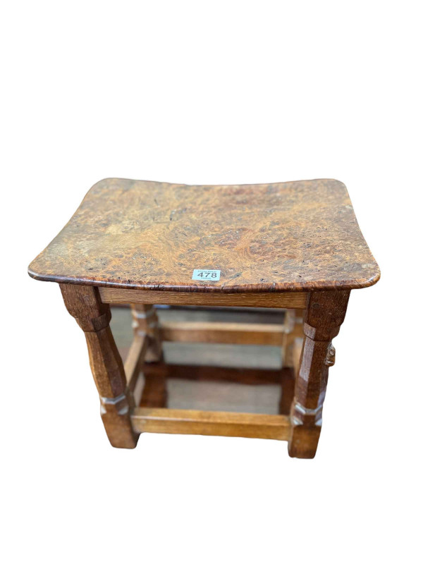 Robert Thompson 'Mouseman' Pollard oak dish topped stool, 38cm by 40.5cm by 28cm.