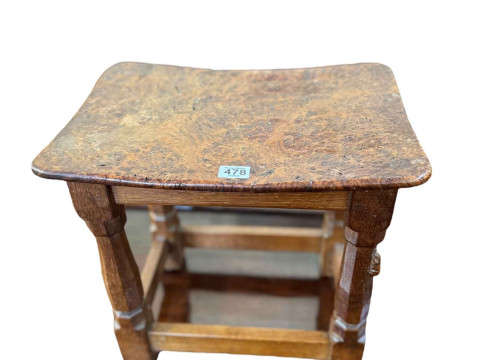 Robert Thompson 'Mouseman' Pollard oak dish topped stool, 38cm by 40.5cm...