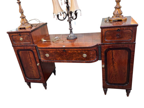 Regency mahogany and ebony inlaid pedestal breakfront sideboard on turned...