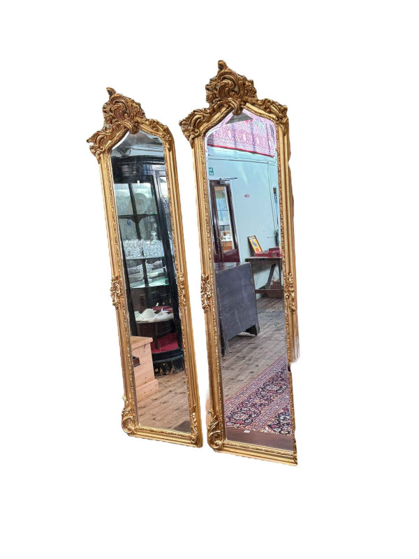 Pair rectangular arched top bevelled wall mirrors, 176cm by 52cm.