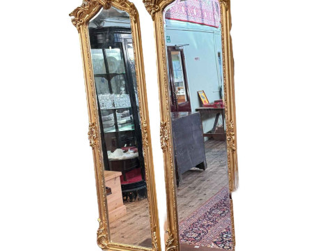 Pair rectangular arched top bevelled wall mirrors, 176cm by 52cm.