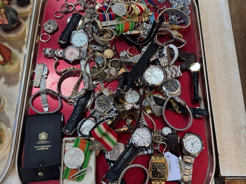 Tray lot of jewellery, watches and medals.