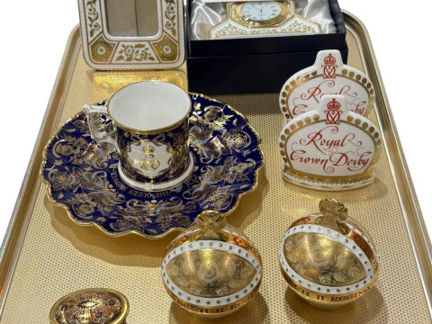 Collection of Royal Crown Derby including Green Derby clock and photograph...