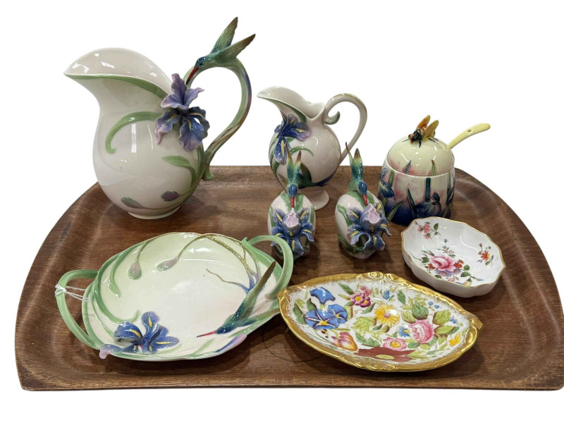 Two Franz jugs, preserve pot, Hummingbird salt and pepper, plate, Hammersley and Derby Posie dishes.