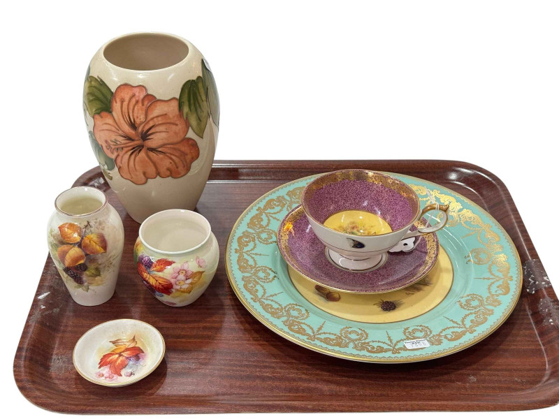 Moorcroft hibiscus vase, two Royal Worcester vases and pin dish, Aynsley fruit plate, cup and saucer.