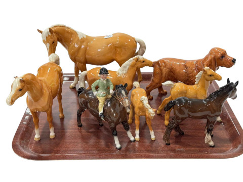 Collection of Beswick horses including girl on pony and dog, 'Horseshoe...