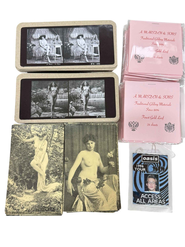 WITHDRAWN            Collection of twenty six erotic double sided stereograph's, sixteen sealed books of loose gold leaf, French naturist postcards and 1996 Oasis Tour VIP AAA Pass.
