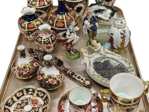Tray of Royal Crown Derby including vases, loving cup, coffee can and...