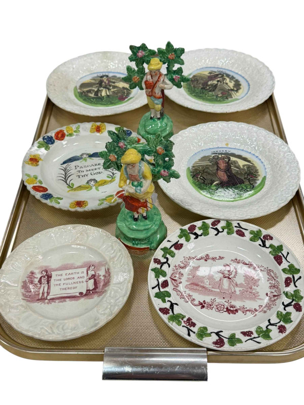 Nursery Ware plate, pair of Staffordshire figures, etc.