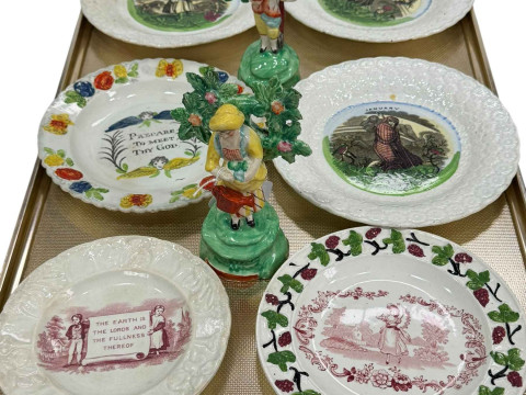 Nursery Ware plate, pair of Staffordshire figures, etc.