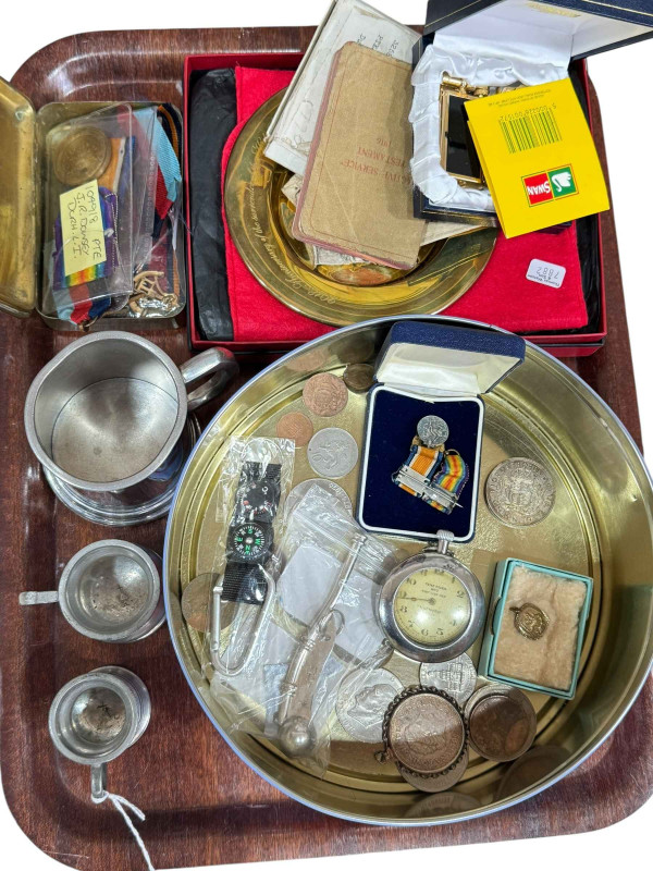 Assorted medal, Christmas 1914 tin, 1937 silver crown and other coins, pewter tankards, etc.