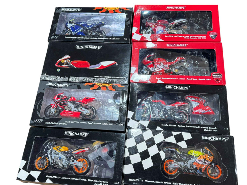 Collection of Minichamps motorcycles including Valentino Rossi, etc.