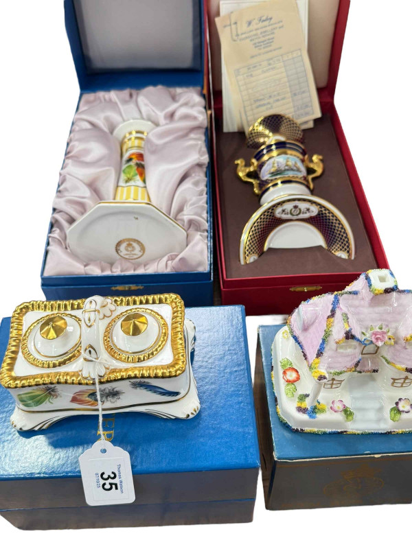 Spode HMS Warrior cabinet cup, Royal Worcester Heritage candlestick and ink stand, Coalport cottage, all boxed.