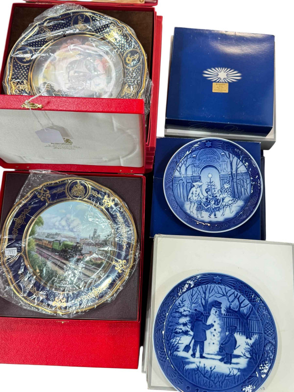Set of four Spode railway plates, Spode Maritime England collection plates, Royal Copenhagen Christmas plates, with boxes, etc.