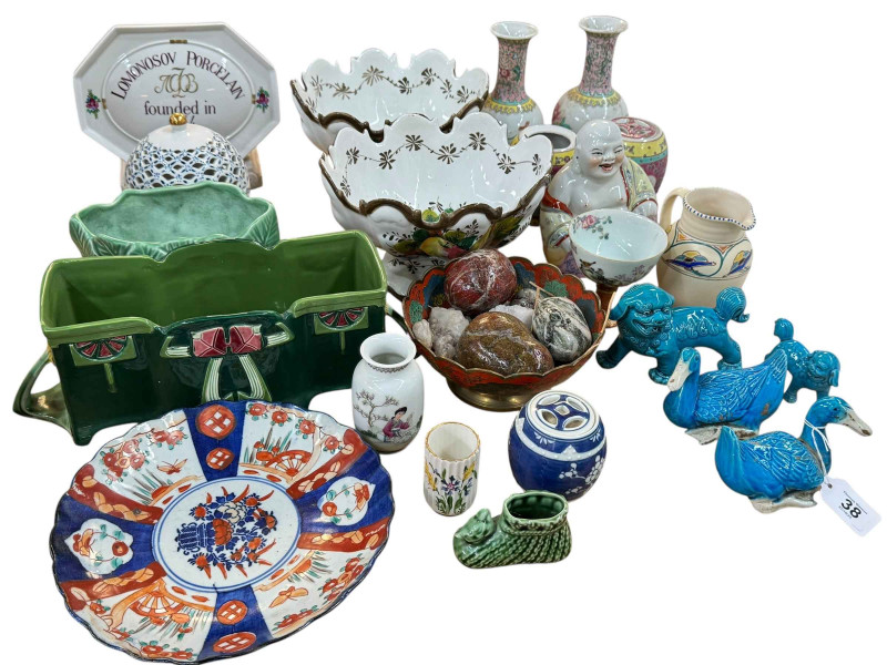 Collection of Oriental wares including vases, plate, Buddha, Lomonosov sign, etc.