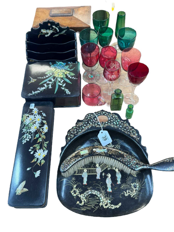 Chinoiserie mother of pearl papier mache brush and crumb tray, tea caddy, floral papier mache, coloured glass, etc.