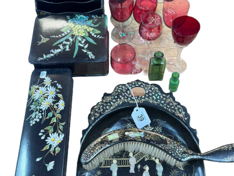 Chinoiserie mother of pearl papier mache brush and crumb tray, tea caddy,...