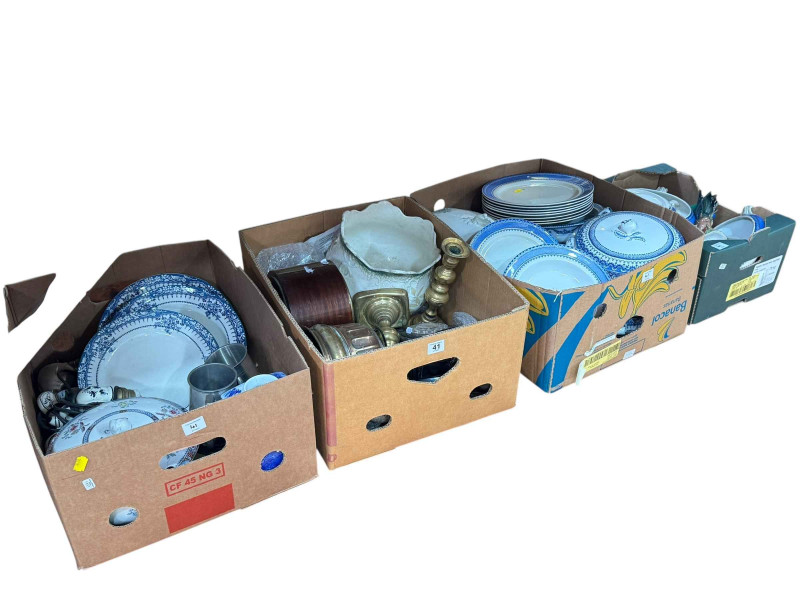 Four boxes of pottery, mantel clock, metal wares, etc.