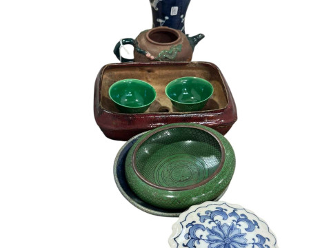 Oriental 19th Century bowl, Cloisonné, prunus baluster lidded vase, etc.
