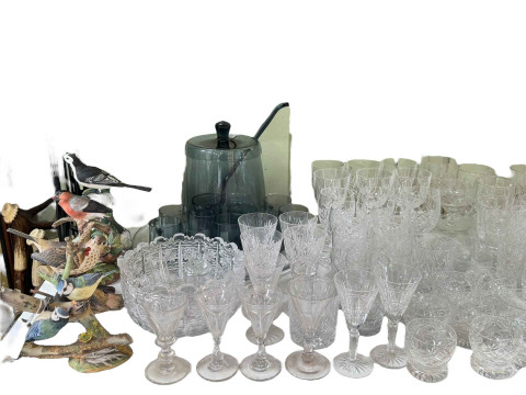 Collection of glass including paperweights, Jasper Conran tumblers, Tiffany decanter, along with four Coalport limited edition British Birds, Pied Wagtail, Bullfinch, Song Thrush and Blue Tits. thumbnail