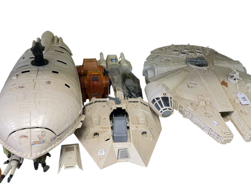 Good collection of Star Wars toys including Millennium Falcon, Rebel Troop Transport, figures, etc, together with Only Fools and Horses talking alarm clock, Hornby train set, etc.