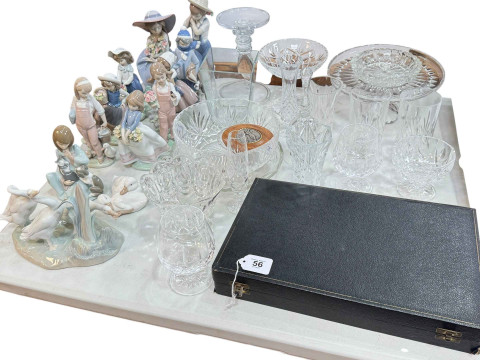 Collection of Lladro figurines, cased cutlery, glasswares, etc.