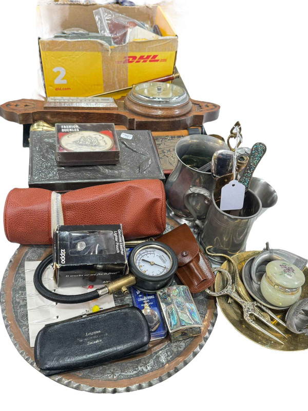 Collection of collectables including woodcut, pens, boxes, barometer, etc.