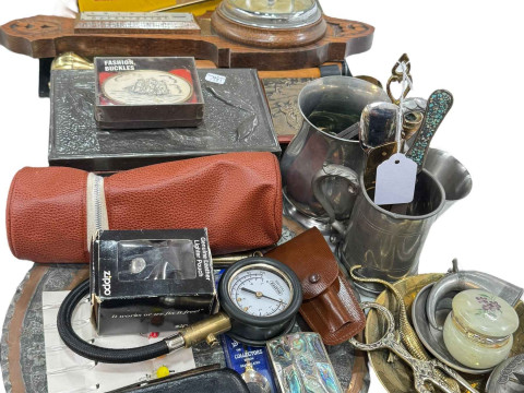 Collection of collectables including woodcut, pens, boxes, barometer,...