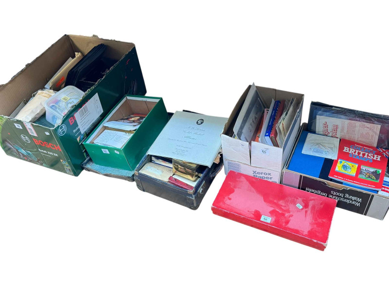 Collection of stamps, postcard, books, catalogues, etc.