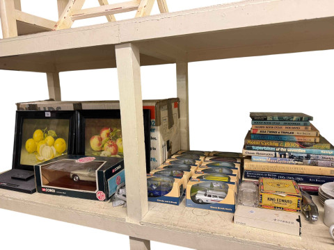 Collection of Les Petits diecast vehicles, Corgi MG, Jaguar car mascot, military cloth patches, tools, grinder, etc. thumbnail