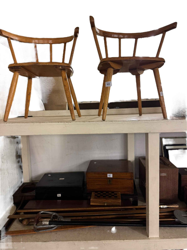 Graduated copper jugs, vintage boxes, inkwell, bellow, two child's chairs, walking sticks, etc.