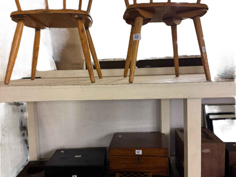 Graduated copper jugs, vintage boxes, inkwell, bellow, two child's chairs, walking sticks, etc. thumbnail