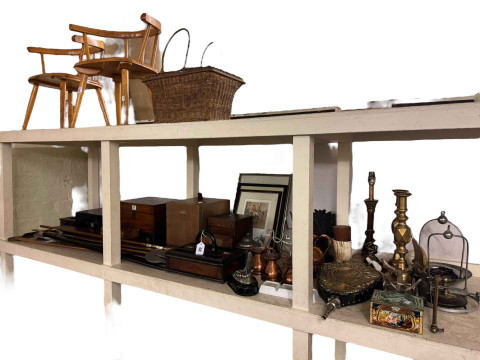 Graduated copper jugs, vintage boxes, inkwell, bellow, two child's chairs,...