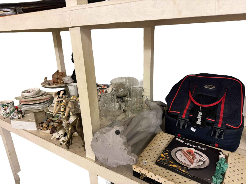 Decorative porcelain, glassware, bowling balls, Wade Whimsies, five Jack Vettriano pictures, figural lamp, etc.