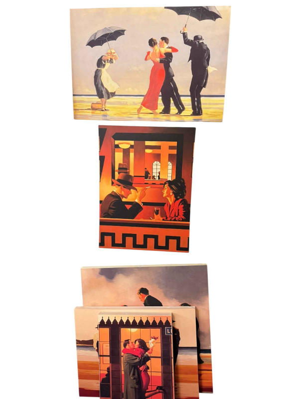 Decorative porcelain, glassware, bowling balls, Wade Whimsies, five Jack Vettriano pictures, figural lamp, etc.