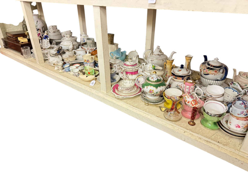 Large collection of decorative porcelain including teapots, cups, egg cups, etc, together with Continental figurine, canteen of cutlery, Meadowland Bird vase by Franklin Porcelain, linen, etc.