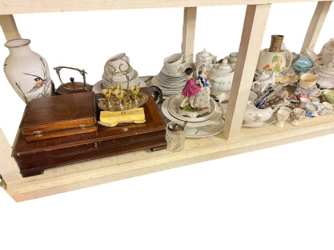Large collection of decorative porcelain including teapots, cups, egg cups, etc, together with Continental figurine, canteen of cutlery, Meadowland Bird vase by Franklin Porcelain, linen, etc. thumbnail