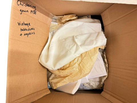 Large collection of decorative porcelain including teapots, cups, egg cups, etc, together with Continental figurine, canteen of cutlery, Meadowland Bird vase by Franklin Porcelain, linen, etc. thumbnail