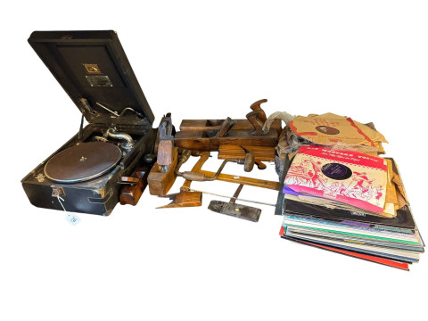 Vintage planes, His Master's Voice gramophone, LP records, etc.