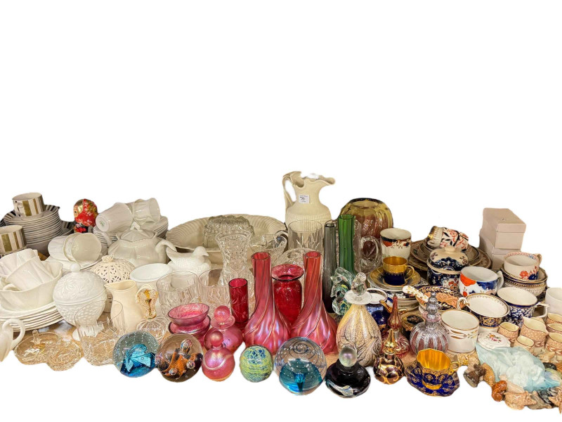 Large collection of Midwinter tablewares, Shelley porcelain, decorative paperweights and perfume bottles, Wade Whimsies, etc.