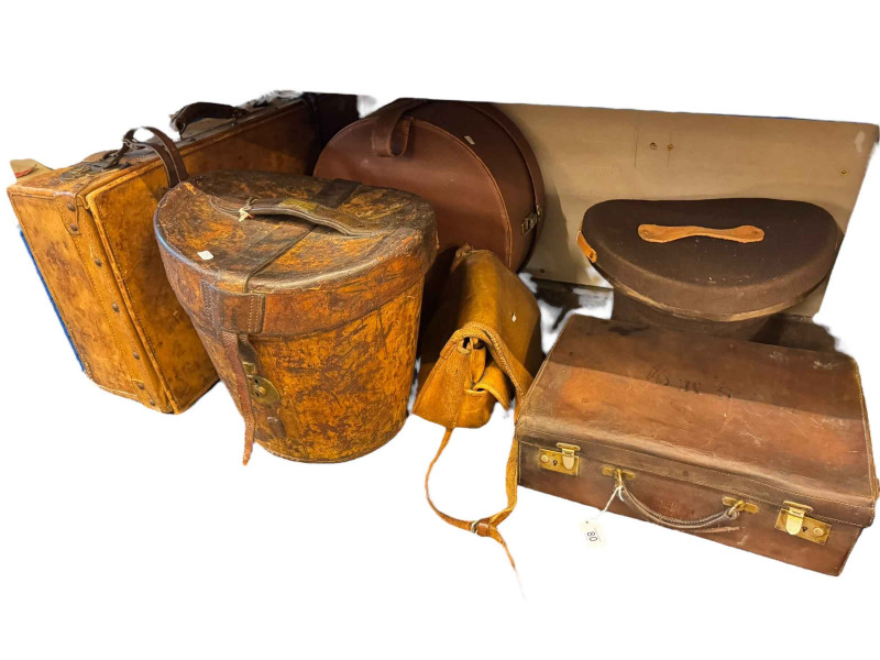 Vintage leather top hat box, leather bag and suitcases, etc.